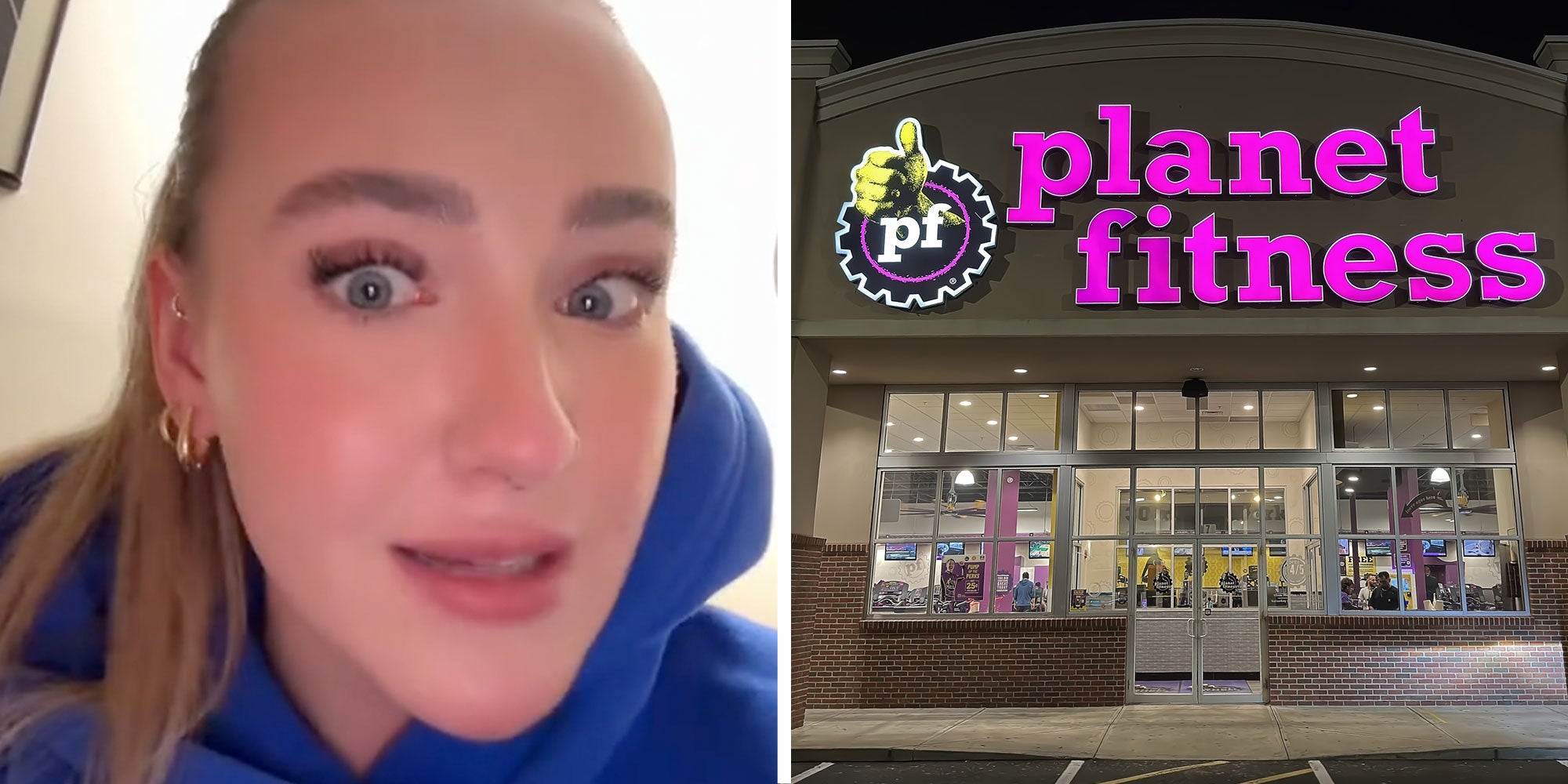 Screenshot of Tiktok user @emm.ohara; Photo of a Planet Fitness gym at night.