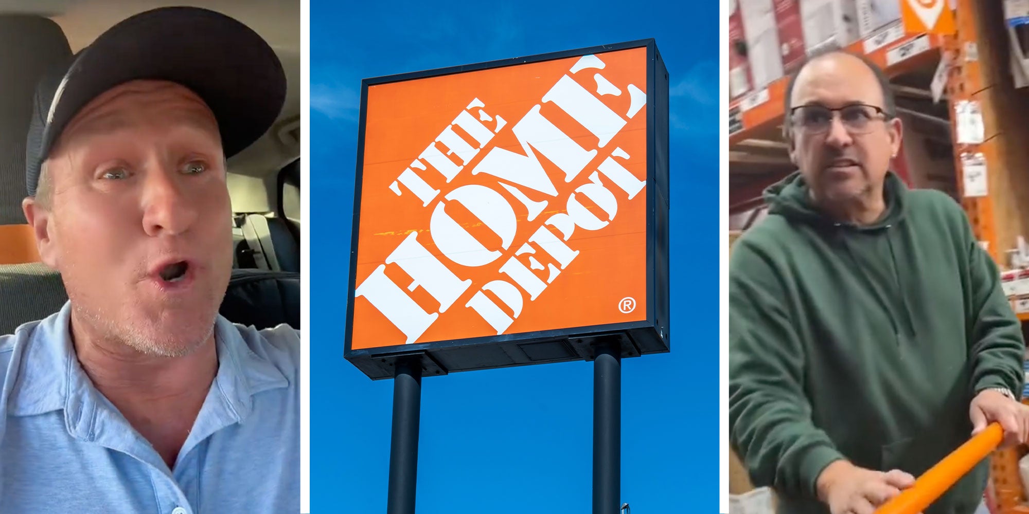 3 image split. Plumber, home depot sign, shopper