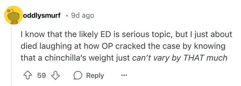Reddit comment that says, " I know that the likely ED is serious topic, but I just about died laughing at how OP cracked the case by knowing that a chinchilla’s weight just can’t vary by THAT much"