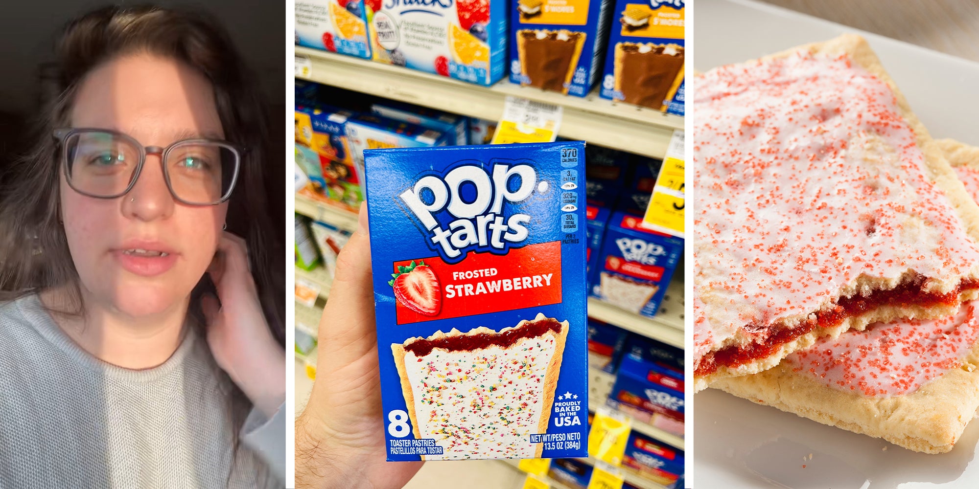 woman shares pop tarts quality after purchase(c) Box of Pop Tarts(c) Pop Starts freshly made(r)