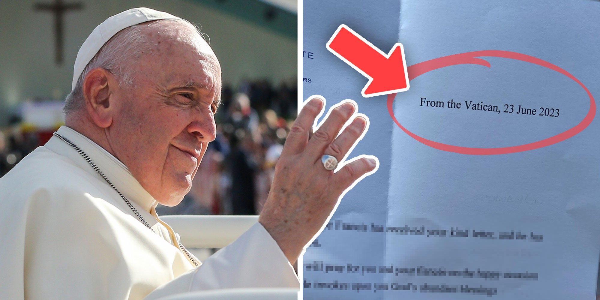 Left: Photo of Pope Francis; Right: Screenshot of reddit user u/Misther__'s letter from the Vatican.