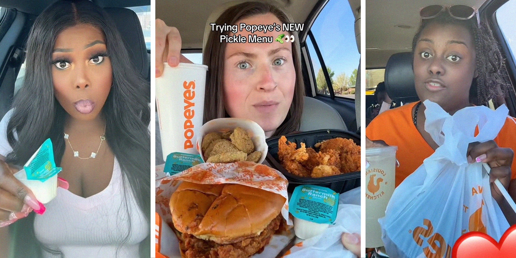 woman looking shocked(l) Woman holding up popeyes new pickle menu(c0 Woman holds up take out bag from popeyes(r)