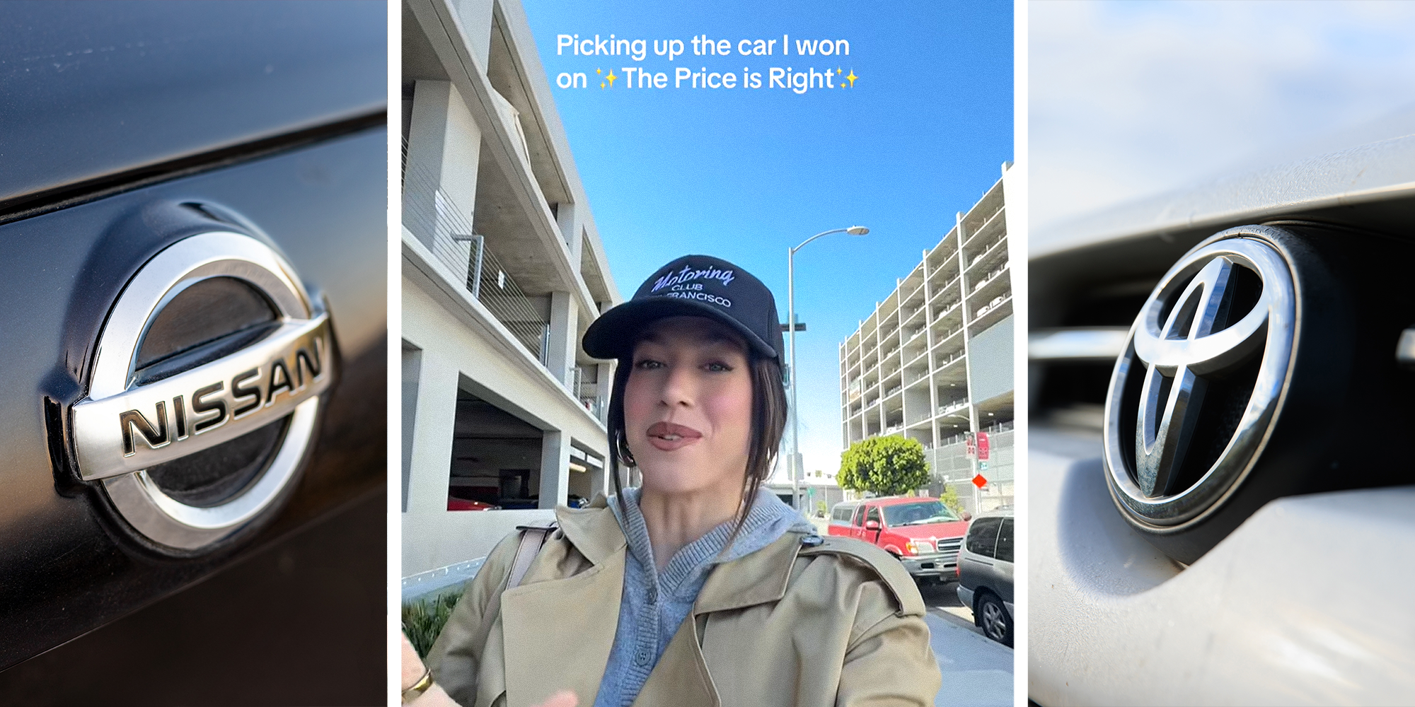 3 panel split. Nissan on car on left. Woman with caption that reads: 'Picking up the car I won on (sparkle emoji) The Price is Right (sparkle emoji)' in center. Toyota logo on right.
