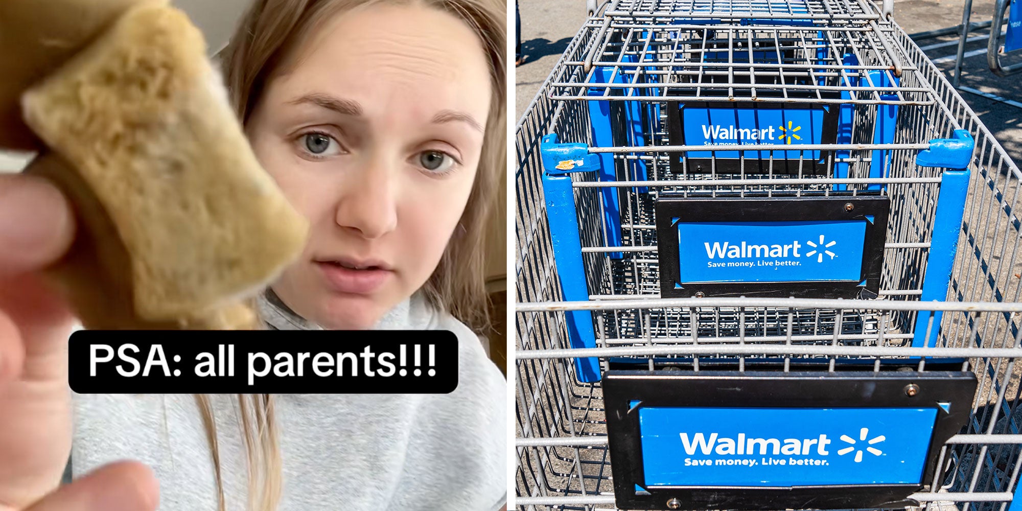 Screenshot of Tiktok user @dailydealdrop1 with the caption: "PSA: all parents!!!"; Photo of Walmart shopping carts.