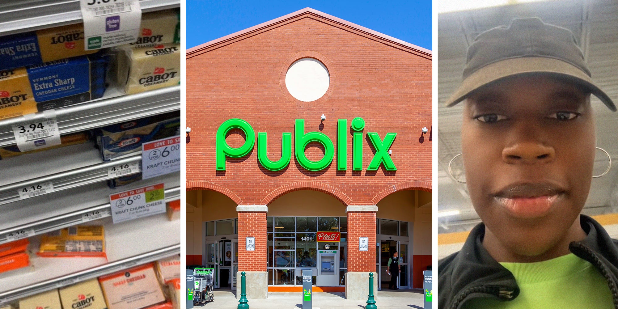 different types of cheese on display(l) Publix Store Front(c) Woman shares different types of cheeses at publix(r)