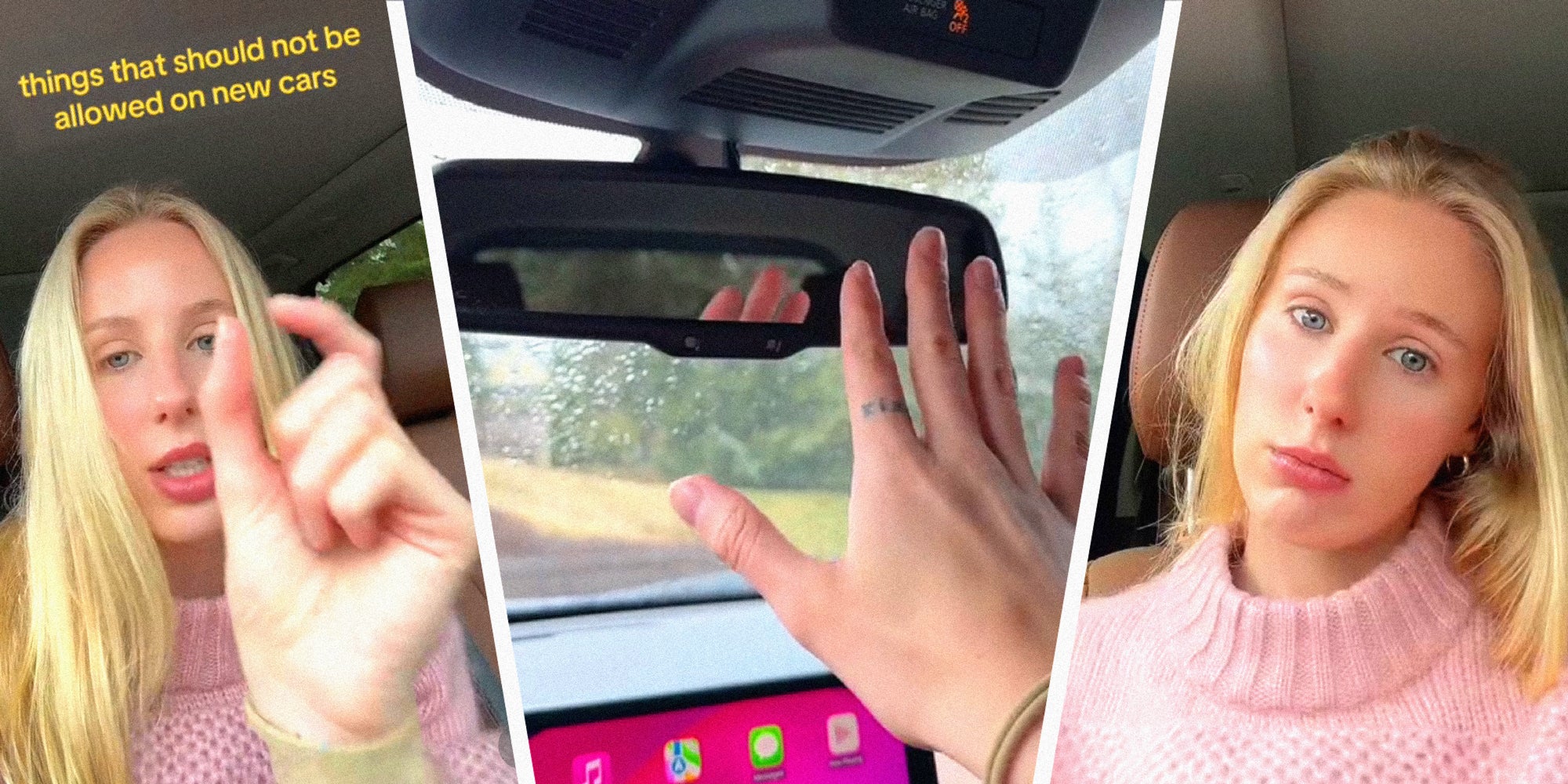 A person explains while sitting in their car. Text over: things that should not be allowed on new cars.