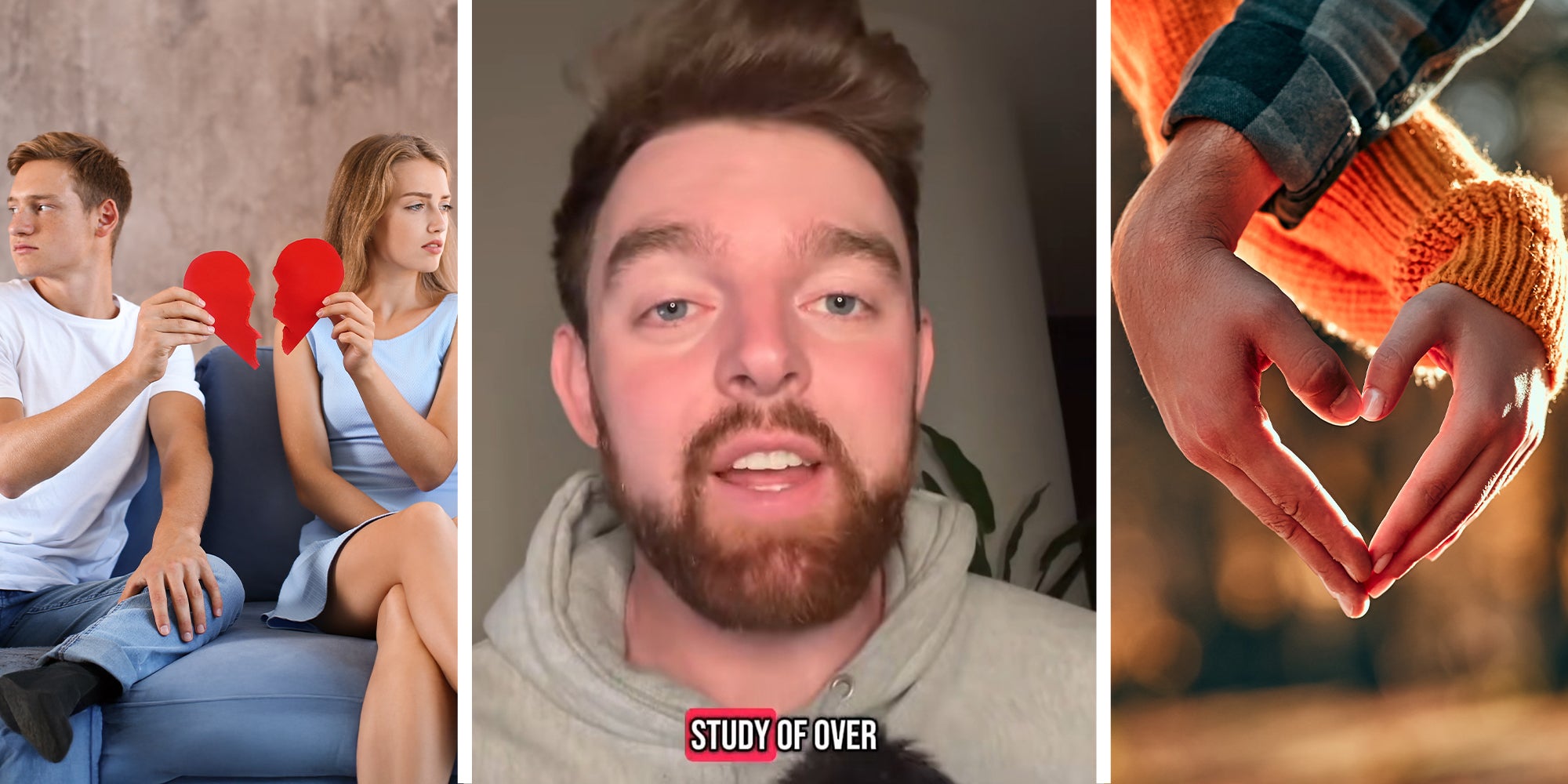 Young couple holding halves of broken heart on sofa at home.(l) Man shares how to predict if a relationship will hold(c) couple making heart shape with hands(r)