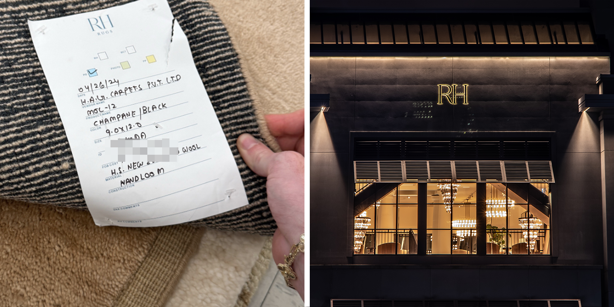 2 image split. Restoration Hardware rug with blurred wholesale price on left. Restoration Hardware on right.