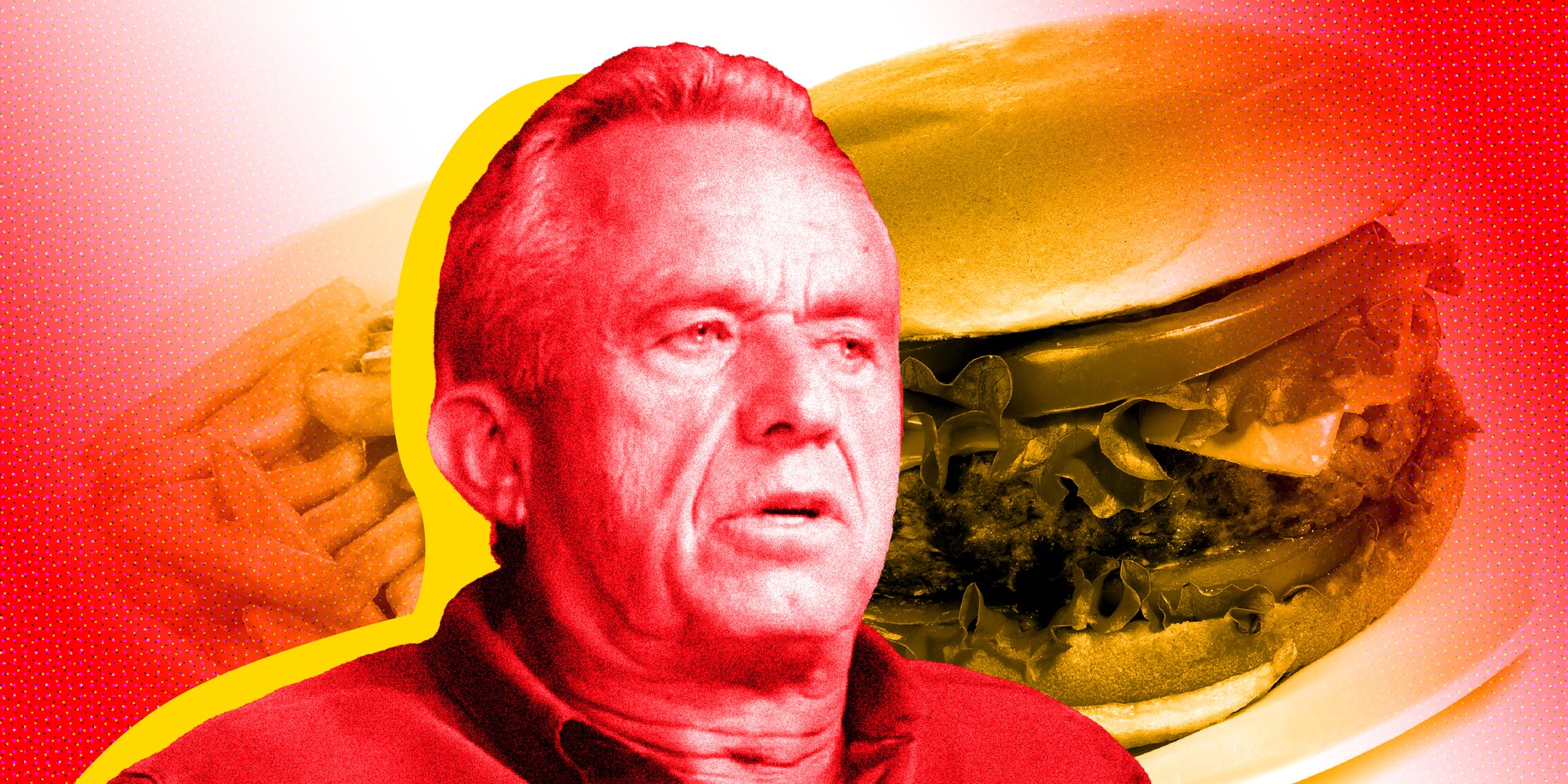 photo collage of RFK Jr. in front of a hamburger and fries.