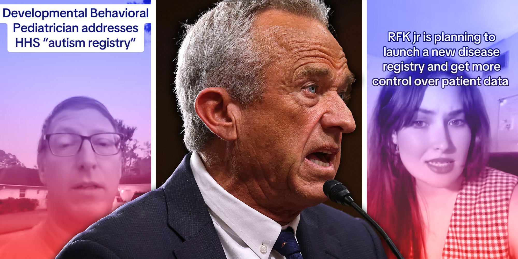 Screenshot of Tiktok user @drjoelshulkin with the caption; 'Developmental Behavioral Pediatrician addresses HHS 'autism registry''; Photo of RFK Jr,; Screenshot of Tiktok user @mindballads with the caption 'RFK jr is planning to launch a new disease registry and get more control over patient data.