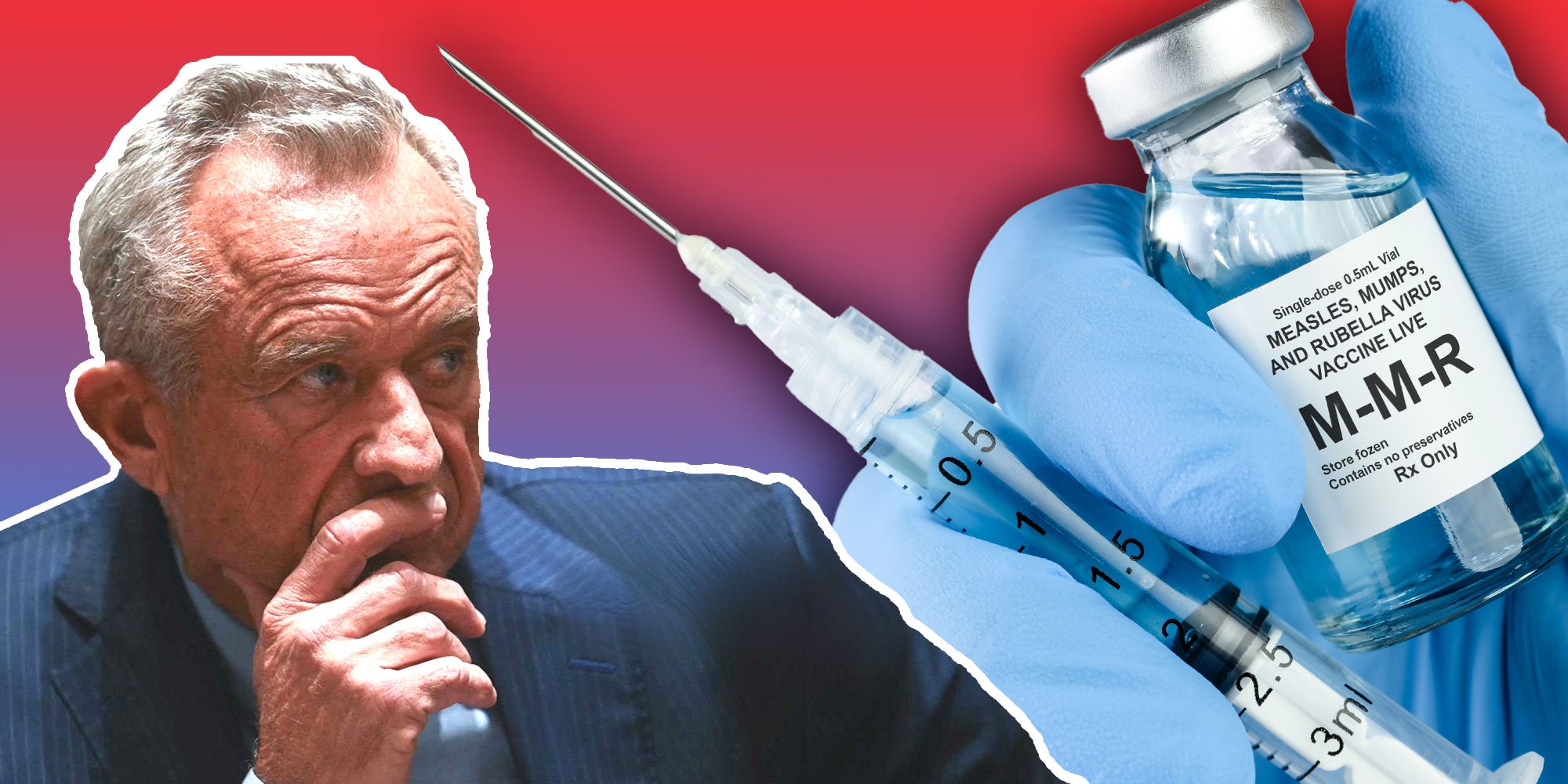 Photo composiye of RFK Jr. next to a gloved hand holding a syringe and a vial of MMR vaccine.