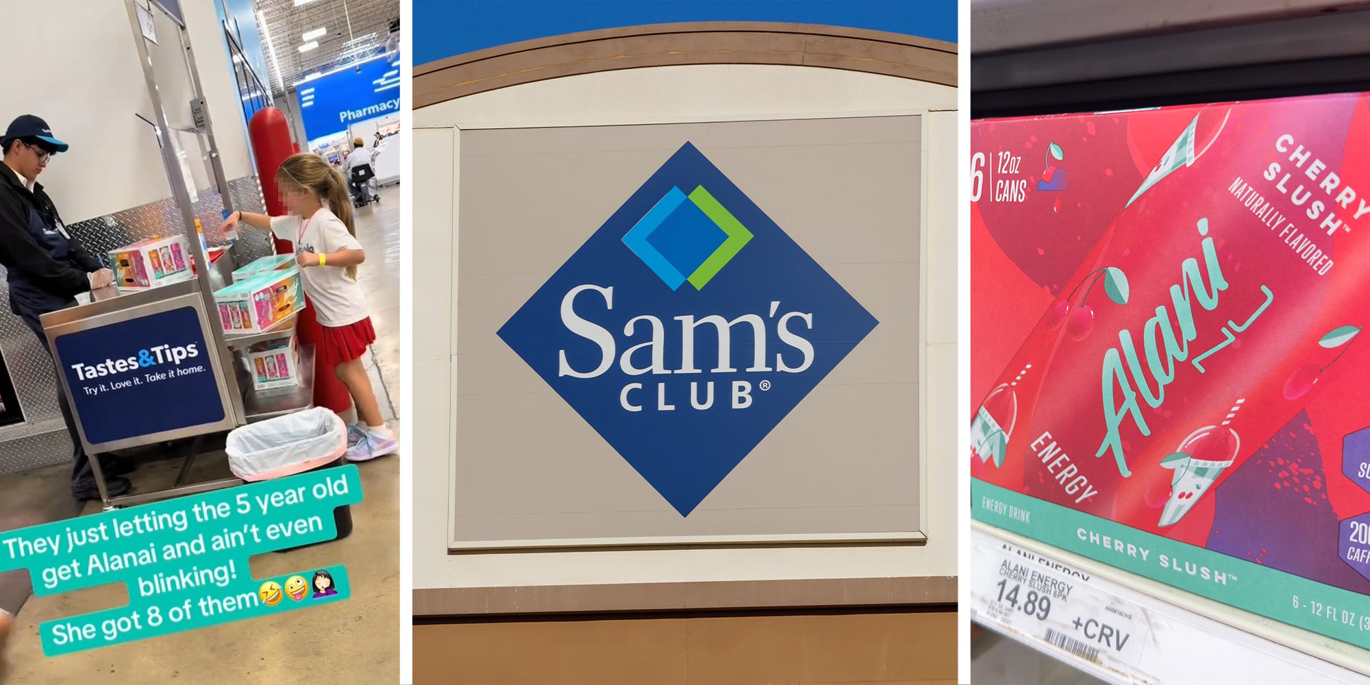 sams club worker giving a child energy drink(l) Sams Club Store Logo(c) Alani Drink box(r)