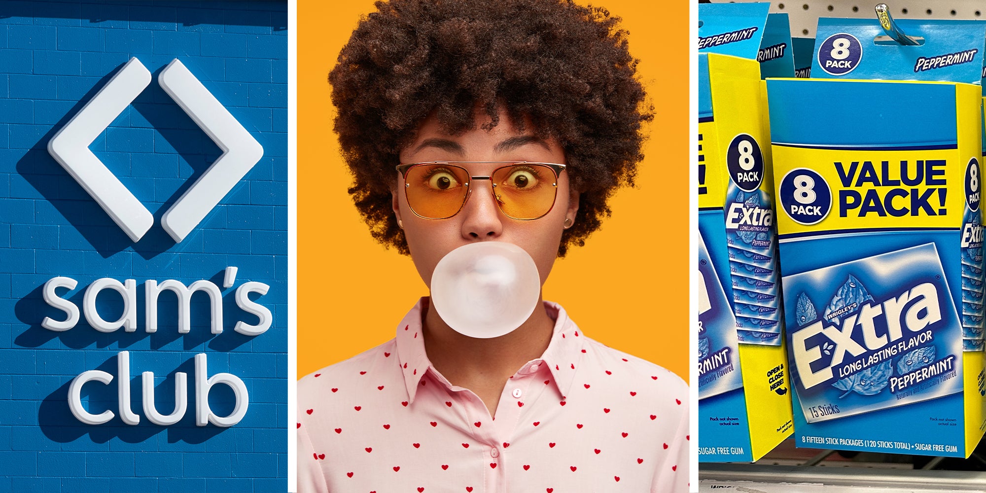 sam's club logo(l) Woman blowing bubble gum(c) Extra Gum Pack(r)