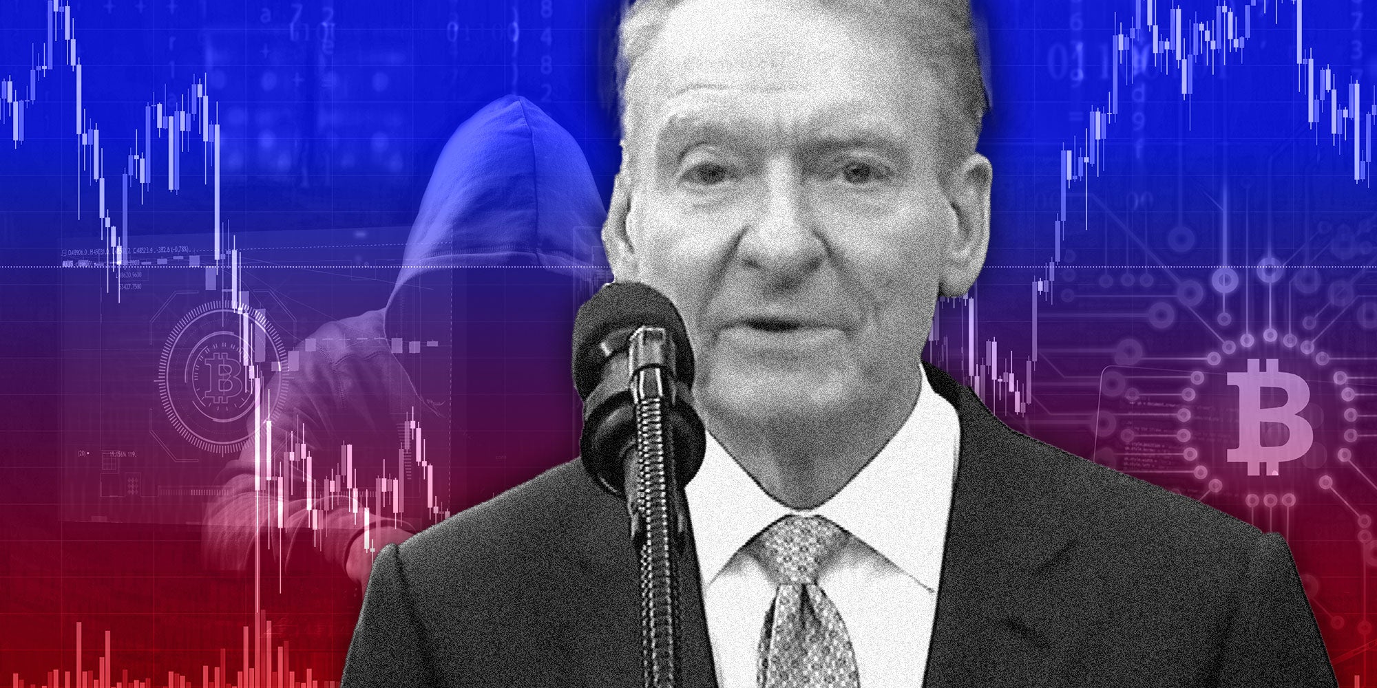 Screenshot of SEC Chairman Paul Atkin from PBS News; Background: Photo composite of a hacker, stocks, and bitcoins,