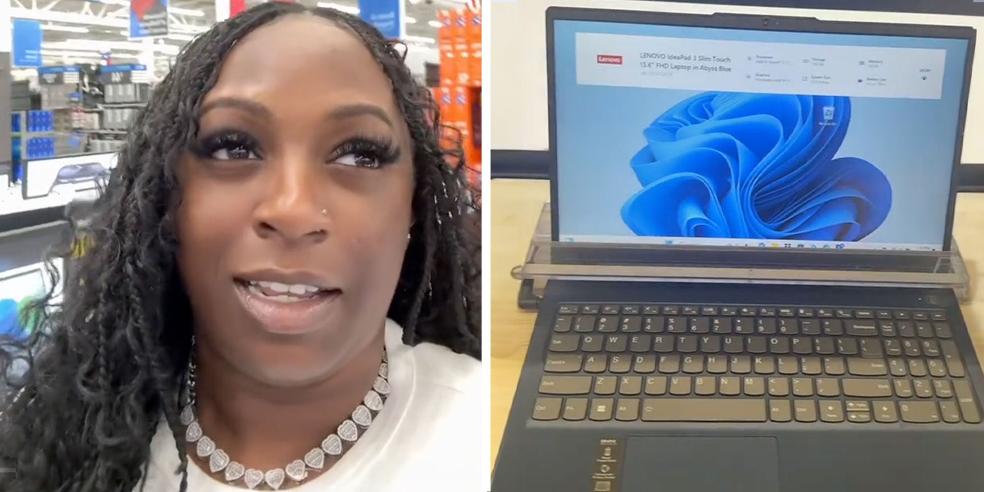 2 image split. Woman, Lenovo laptop