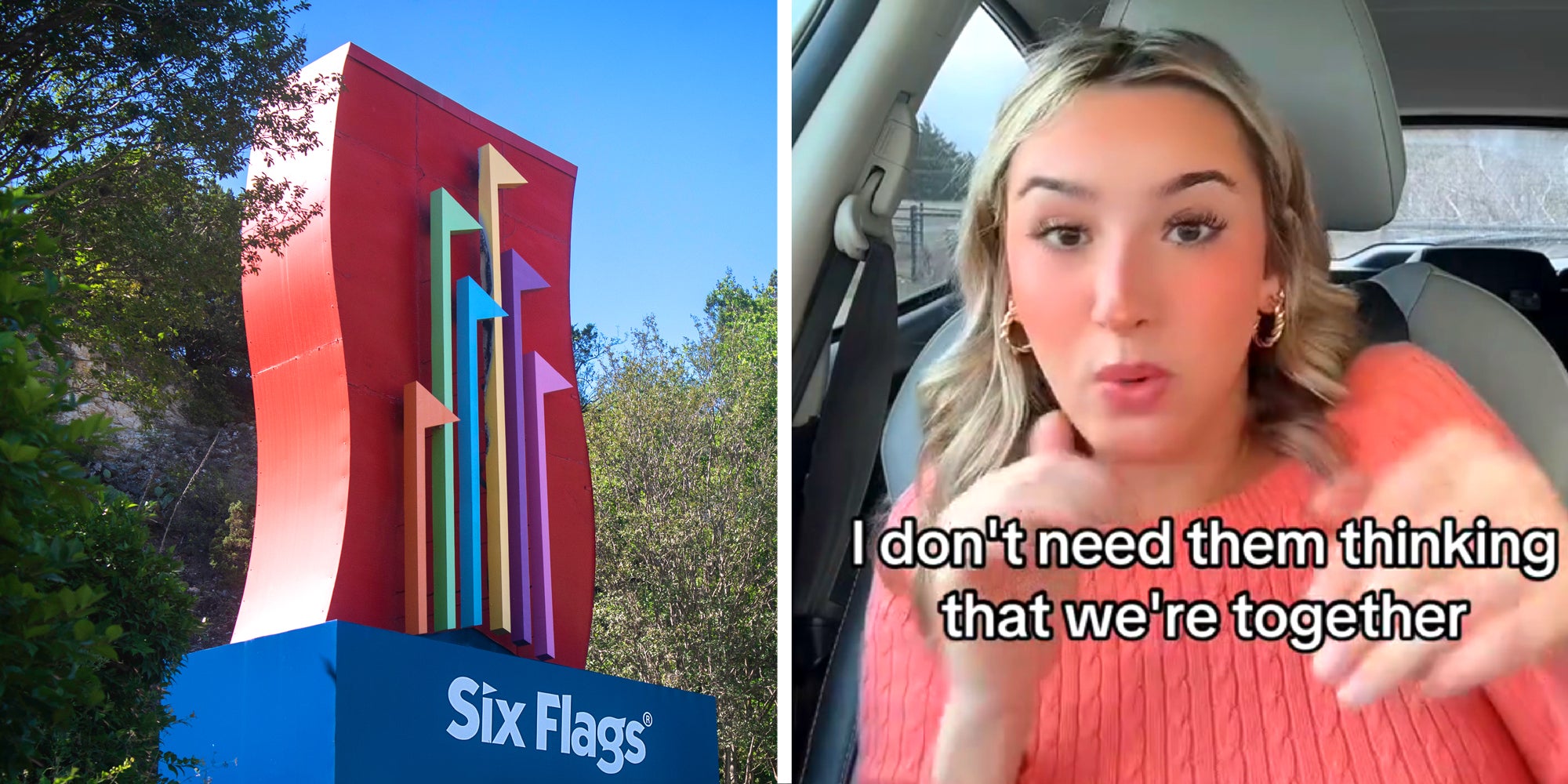 2 panel image: on the left is a Six Flags theme park sign and on the right a person explains.