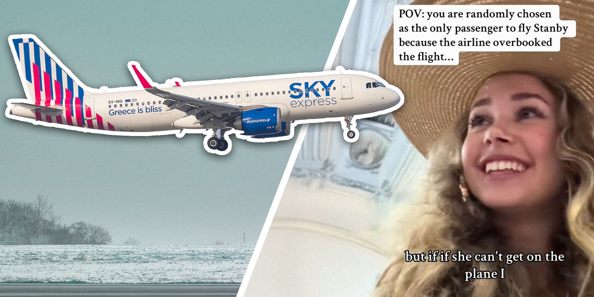 Sky Express Airline Plane cutout(r) Woman smiling sharing issues with her airline flight(r)