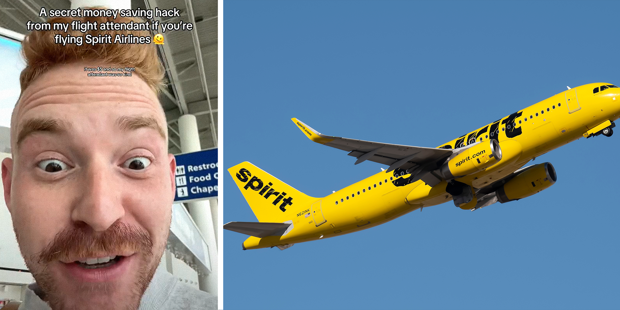 2 panel image. Man looking surprised and excited with caption that reads: 'A secret money saving hack from my flight attendant if you're flying Spirit Airlines (melting face emoji)' on left. Spirit Airlines plane in air on right.