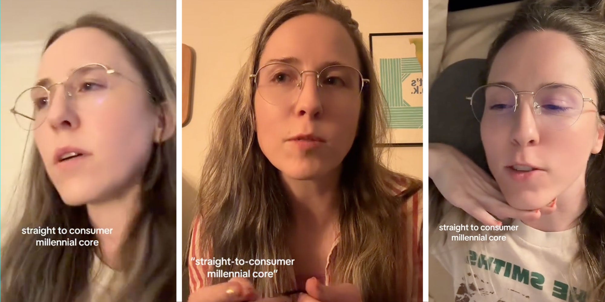 Three screenshots of Tiktok user @conornoburst with the caption "straight to consumer millennial core.