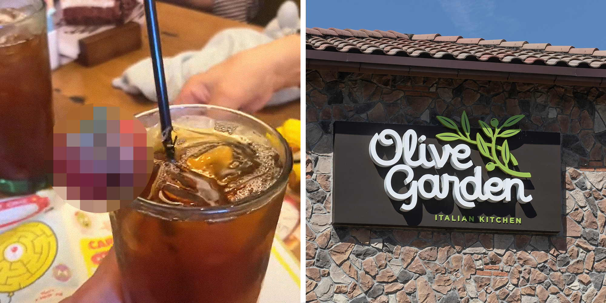 2 panel image. Drink with blurred circle on top on left. Olive Garden on right.