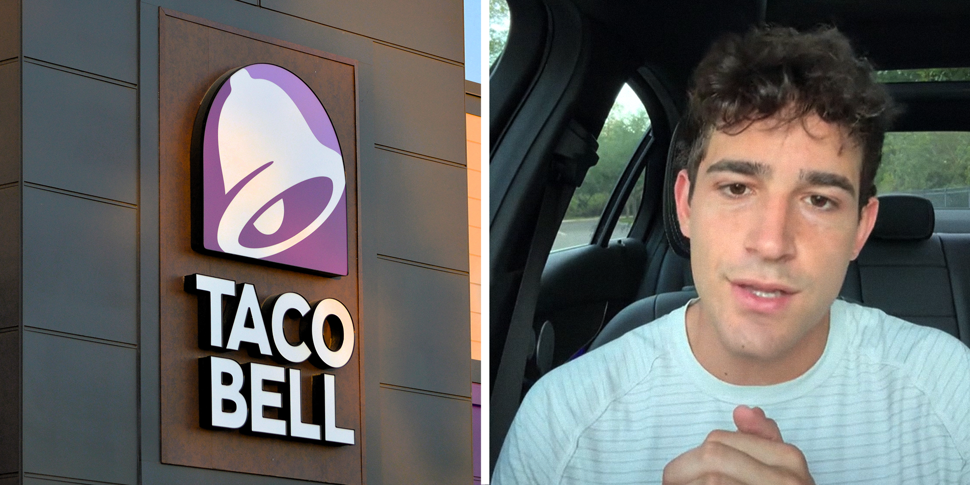 2 image split. Taco Bell on left. Man in car on right.