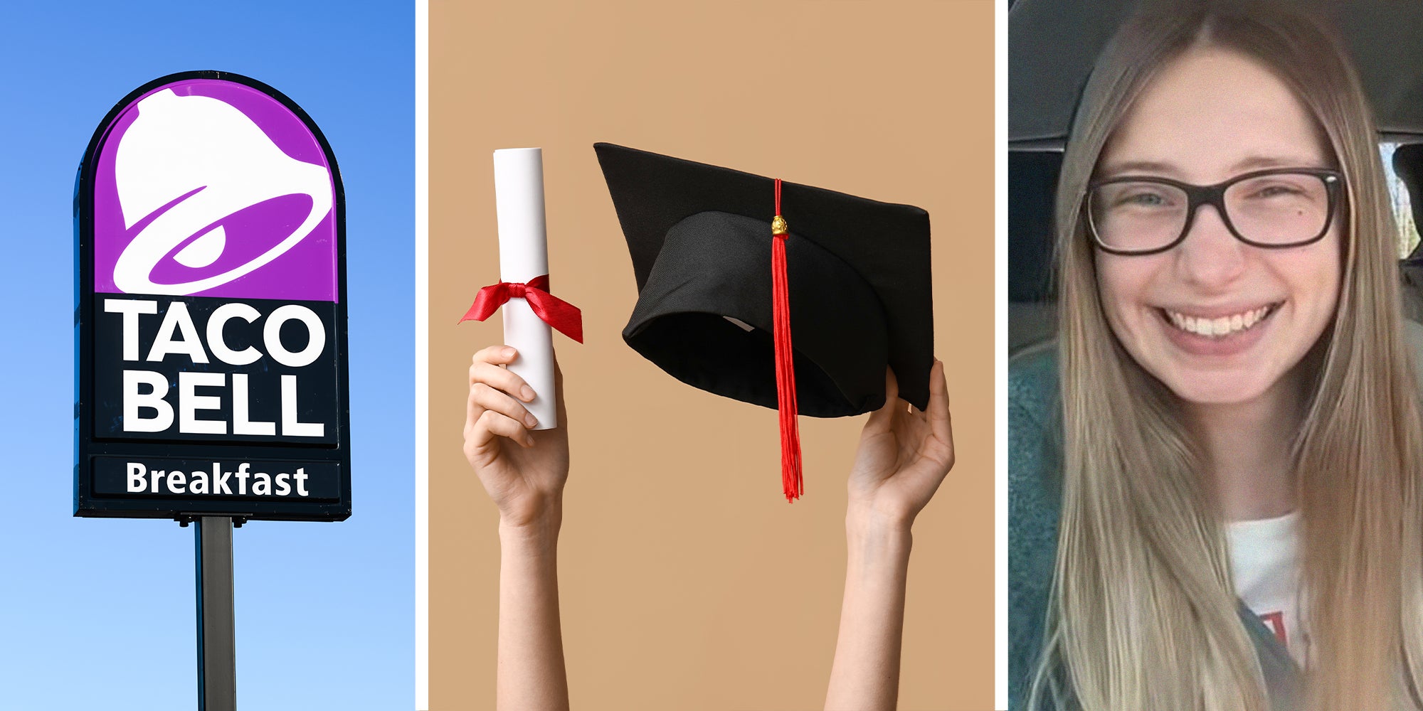 Taco Bell sign(l) graduation hat and diploma(c) woman shares how she got her education for free(r)