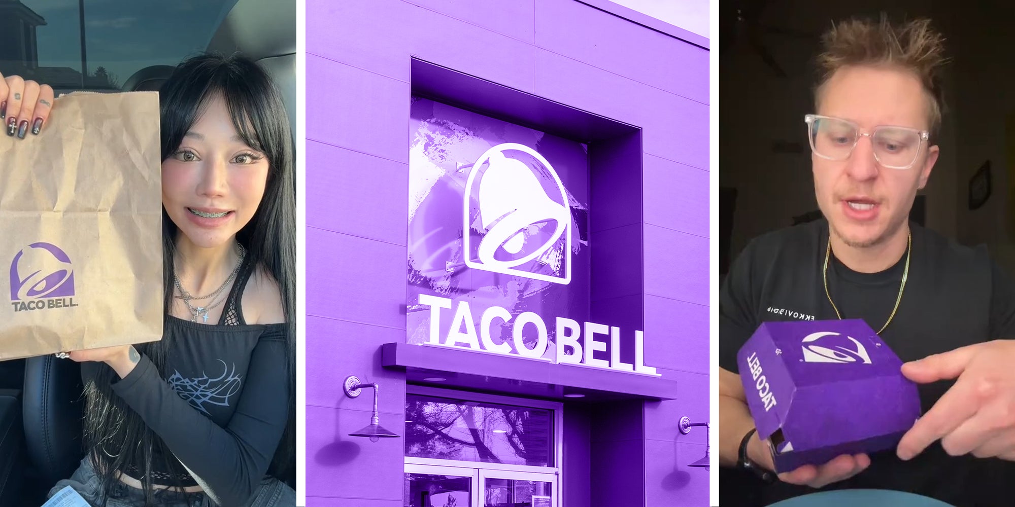 woman holding up taco bell bag(l) Taco bell logo on building(c) Man holding up taco bell box(r)