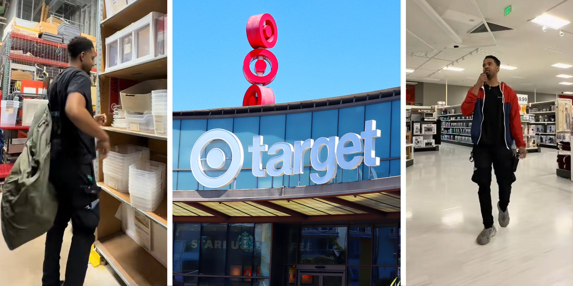 worker preparing to start shift at target store(l) Target Store Sign(c) Target Store Worker walking around isle(r)