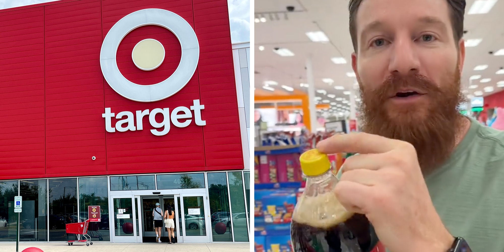 2 image split. Target store, Man with yellow coca-cola cap