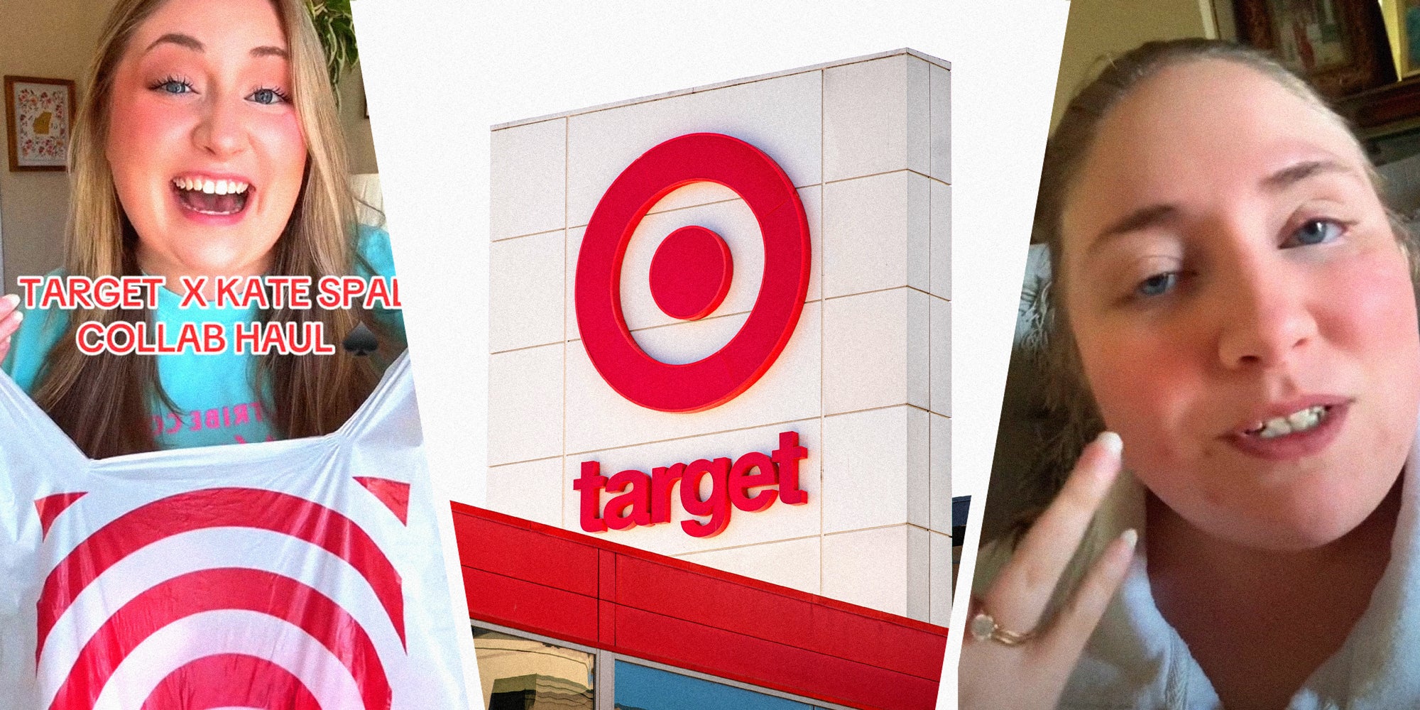 3 panel image: a person explains on the side and in the middle is the exterior of a Target store.