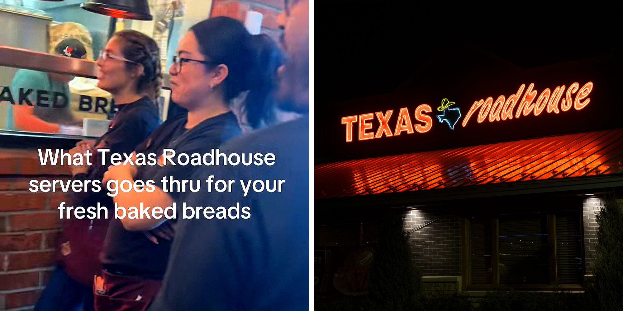 2 panel image. Customers in line for bread with caption that reads: 'What Texas Roadhouse servers goes through for your fresh baked breads' on left. Texas Roadhouse restaurant on right.