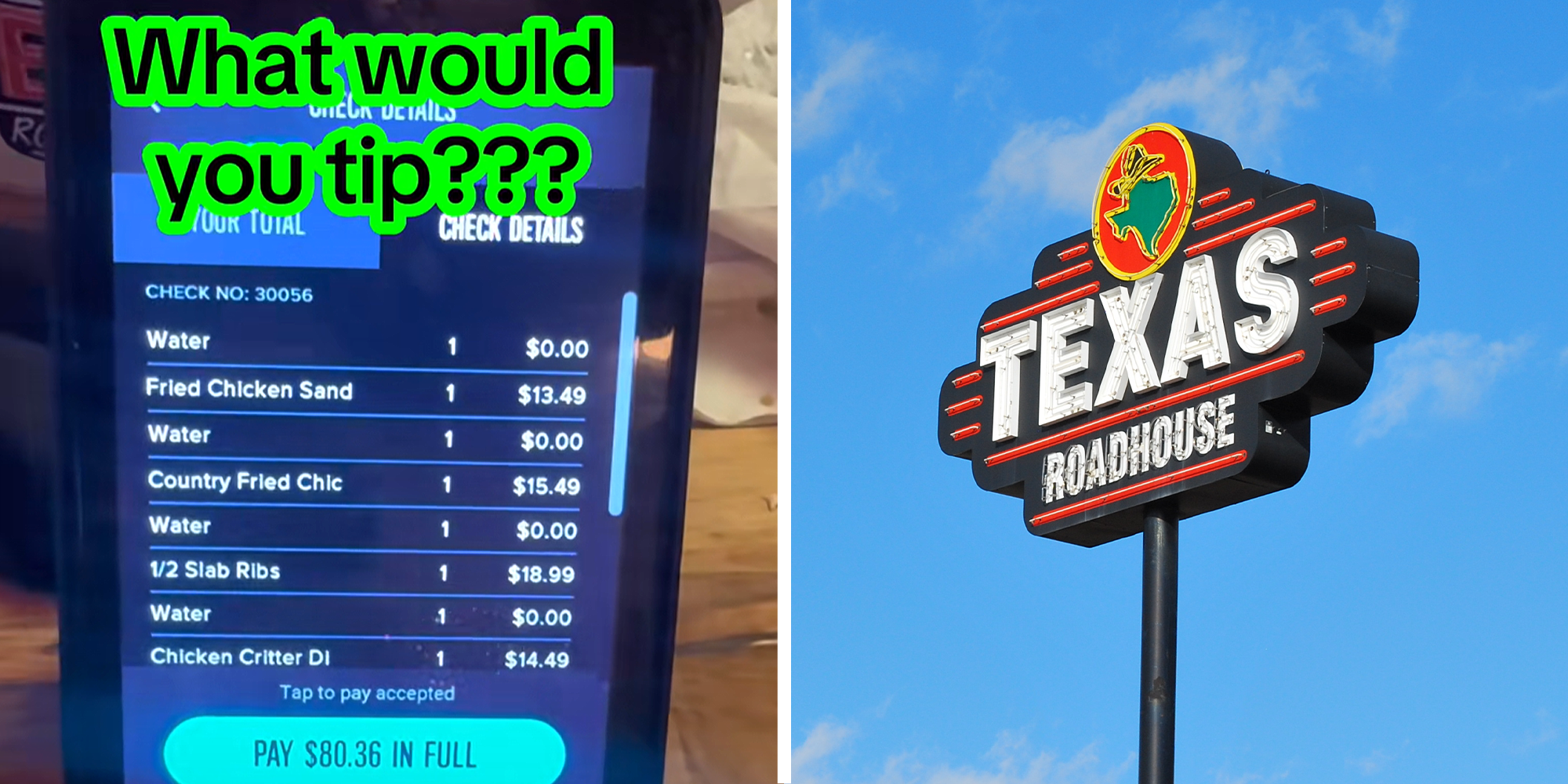 2 panel image. Digital checkout details at Texas Roadhouse with caption that reads: 'What would you tip???' on left. Texas Roadhouse sign on right.