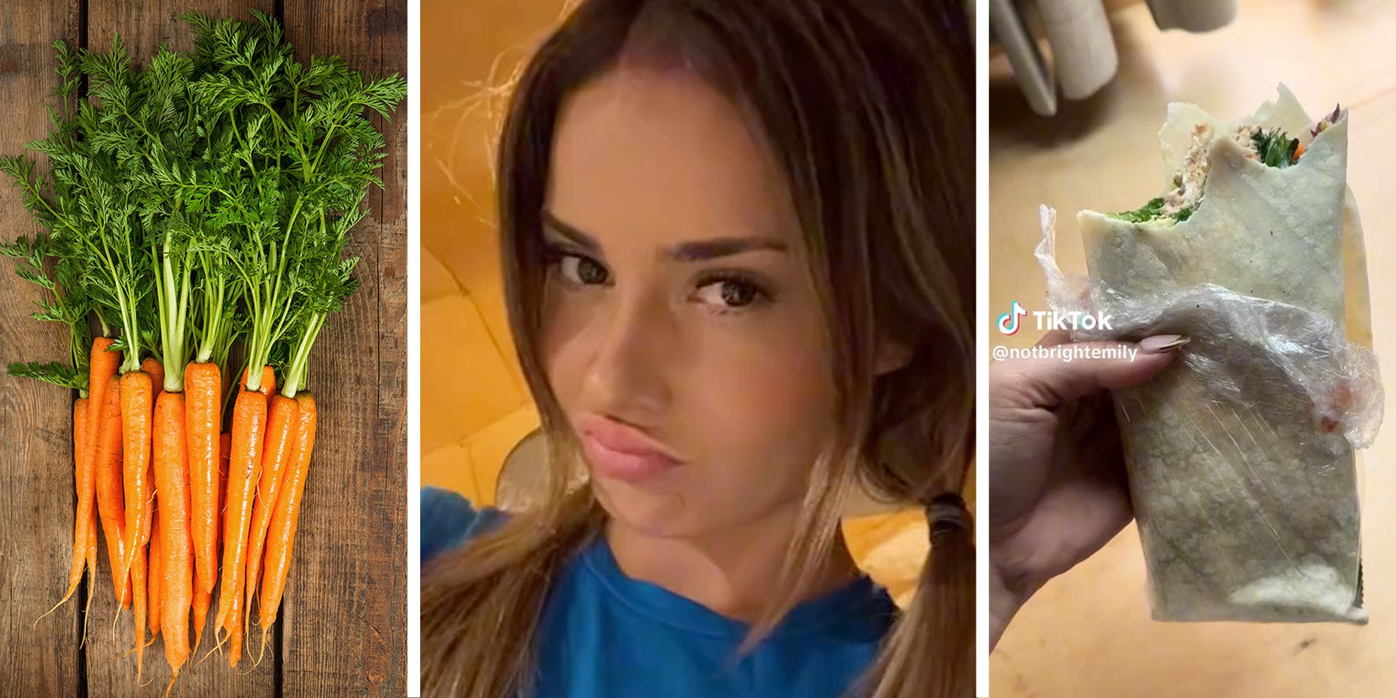 3 image split. Carrots, woman, wrap