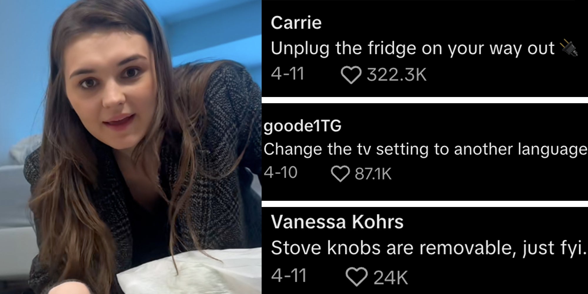 Left: A brunette woman looking into the camera while putting objects into a white plastic bag, Right: TikTok comments