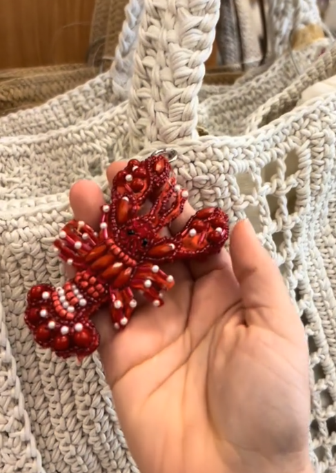 TikTok video showing a a knit bag with a beaded lobster attached.