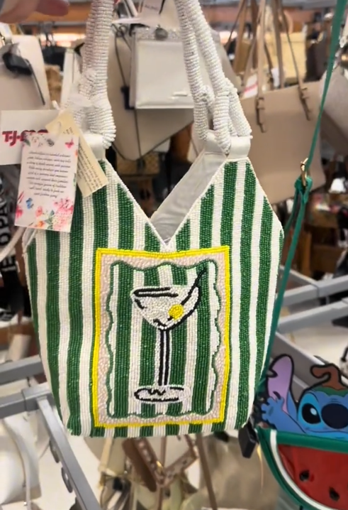 TikTok video showing a beaded martini glass bag.