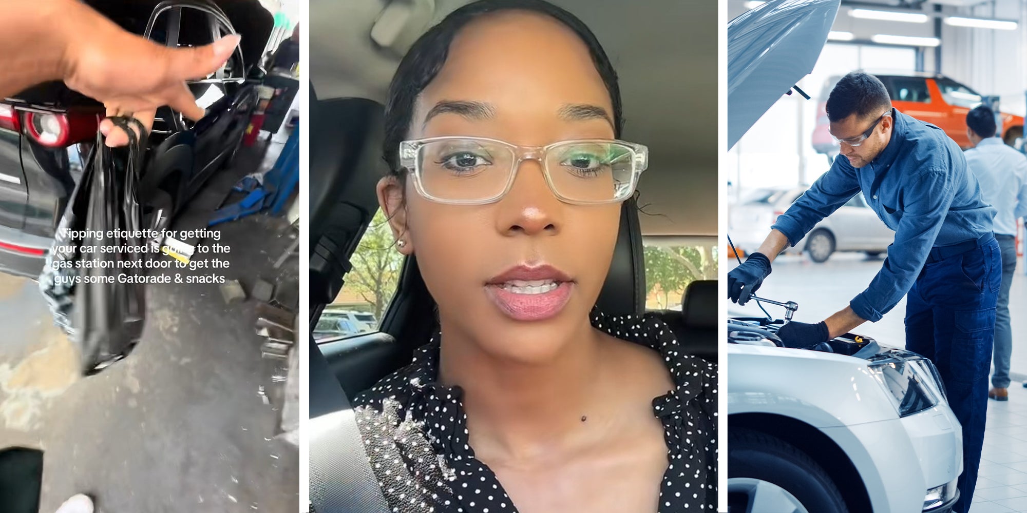 tipping snacks to customers(l) Woman wearing glasses(c) Mechanic checking Car(r)