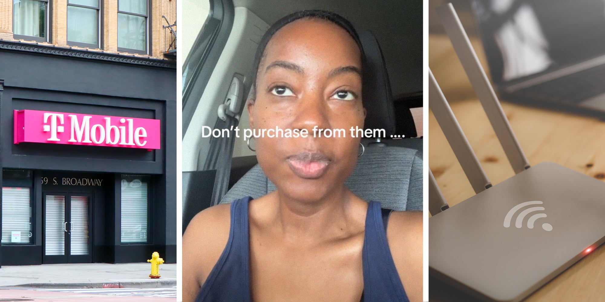 T Mobile Store Front(l) Woman shares why not to purchase from T-Mobile(c) House modem and Wi-Fi router(r)