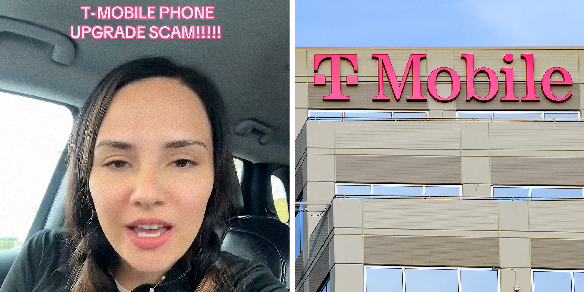 2 panel image. Woman in car with caption that reads: "T-Mobile phone upgrade scam!" on left. T-Mobile building on right