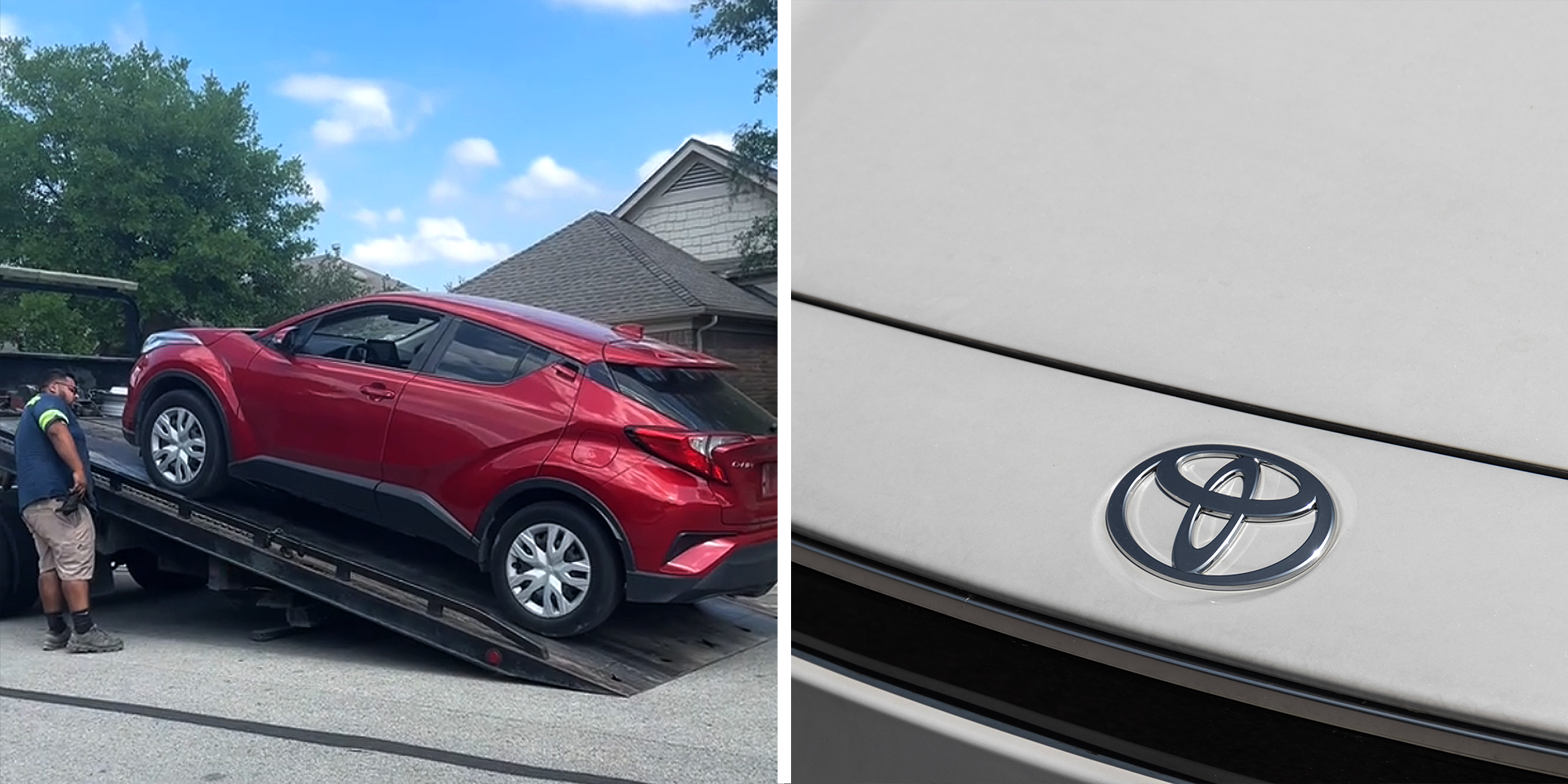 2 image split. Car being loaded onto truck on left. Toyota logo on car on right.