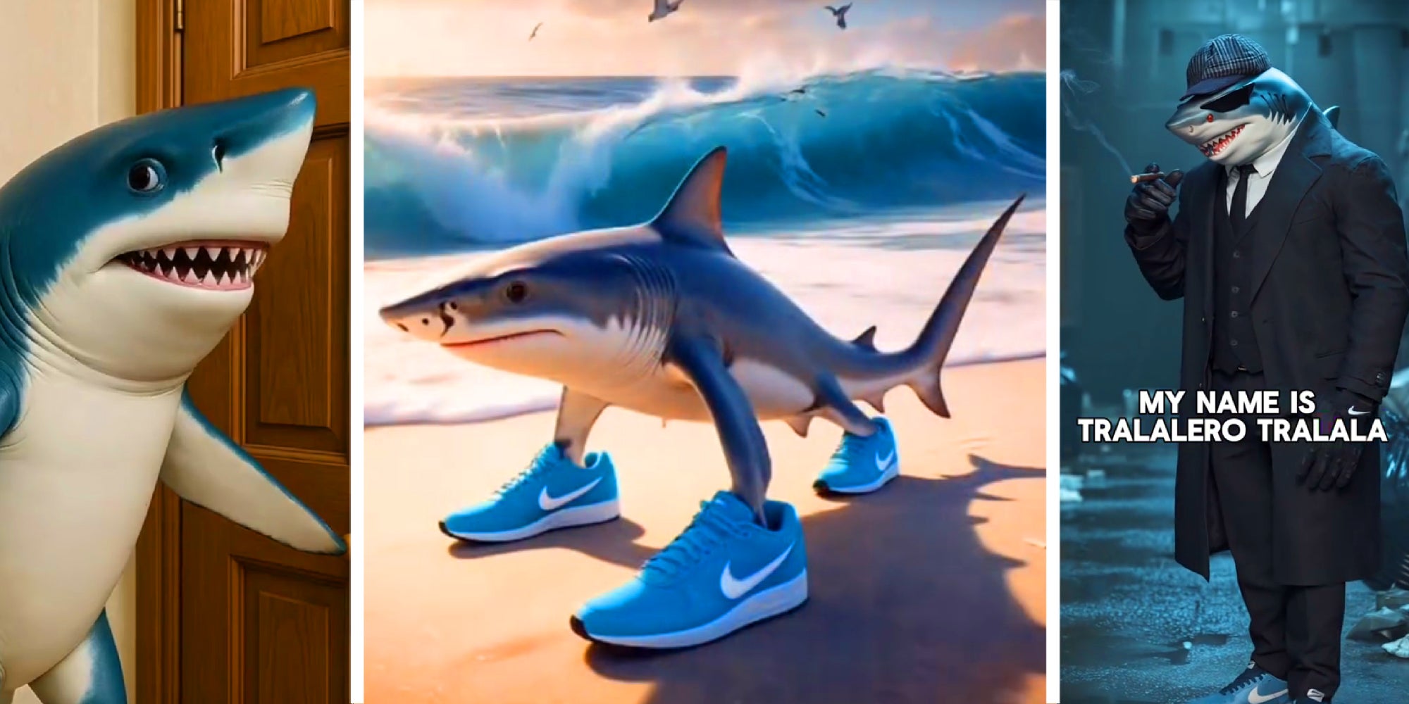 3 panels showing ai-generated images of an anthropomorphic shark character.