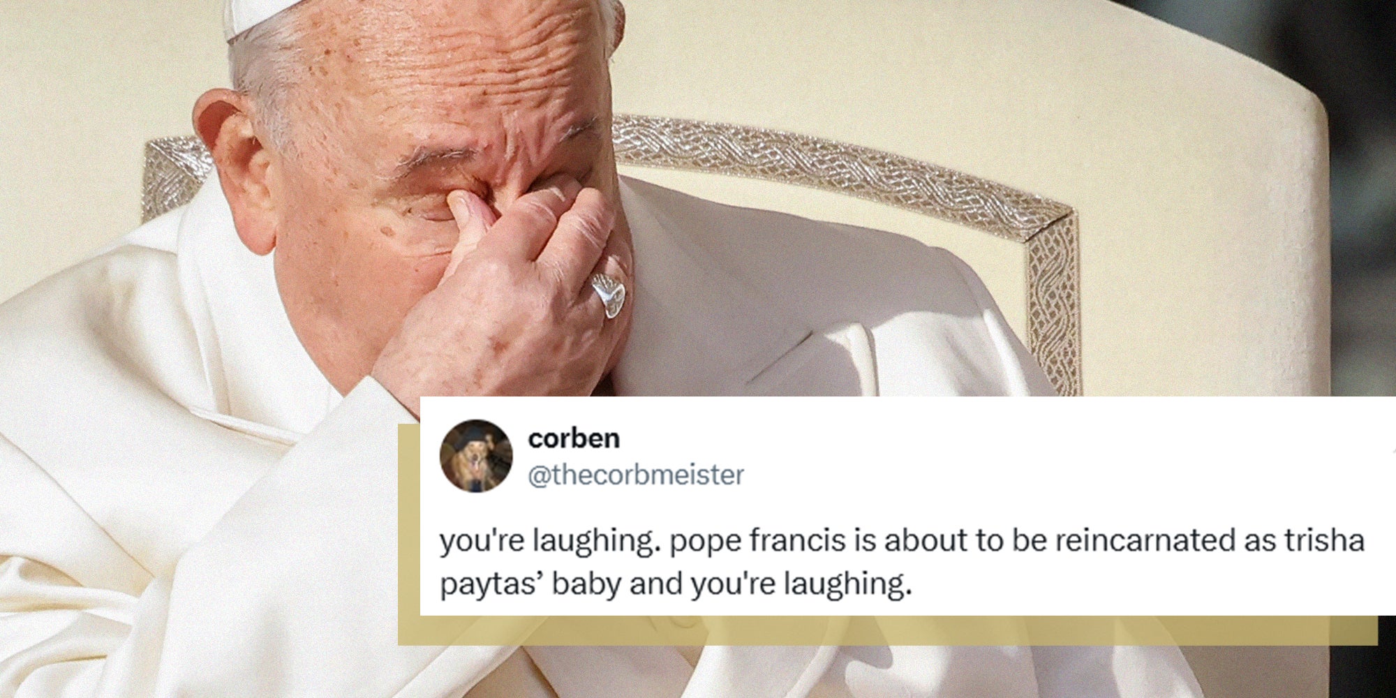 Pope Francis Covering his eyes with X Response overlayed on top