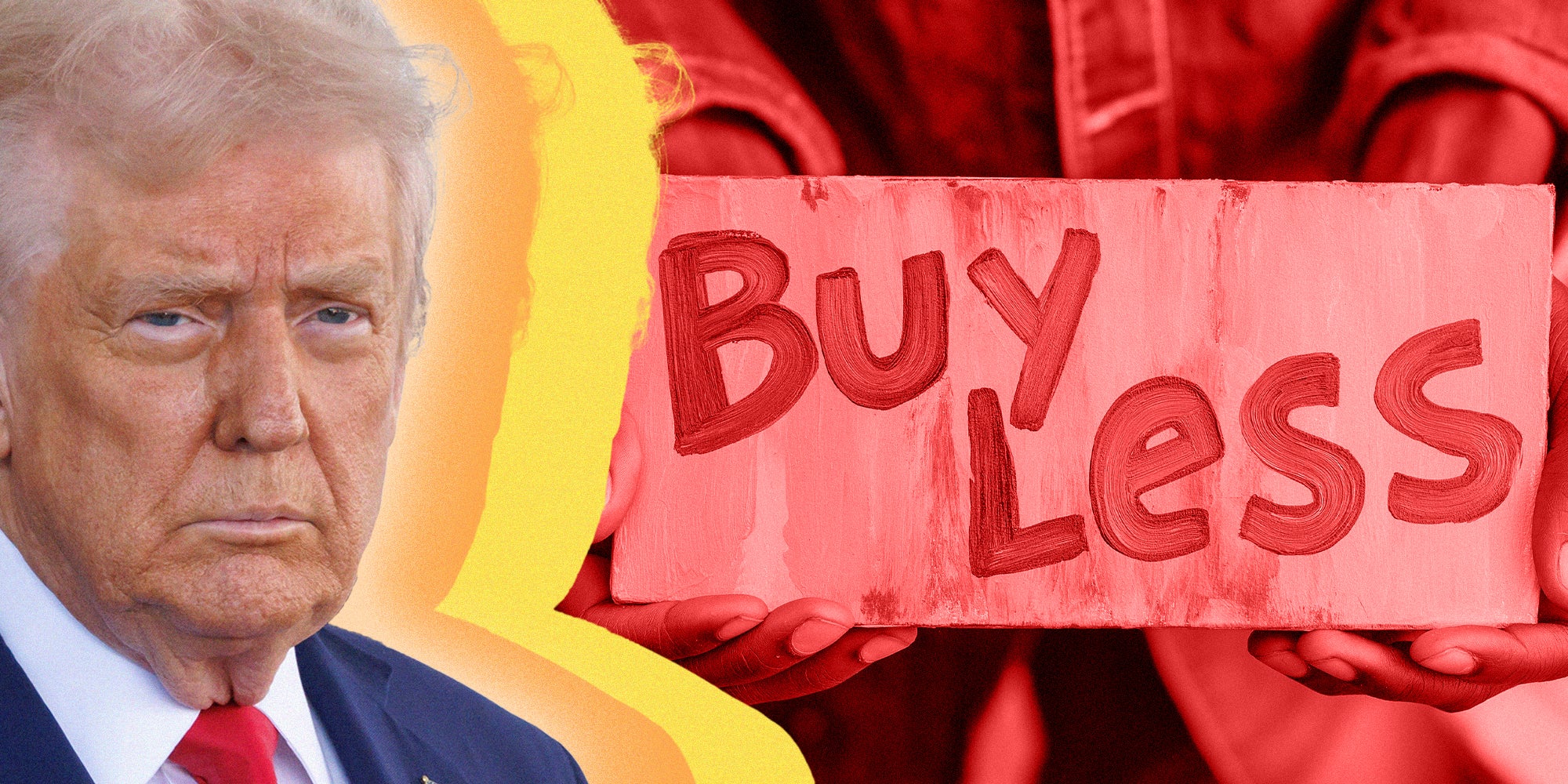 President Donald Trump with Buy Less sign in background