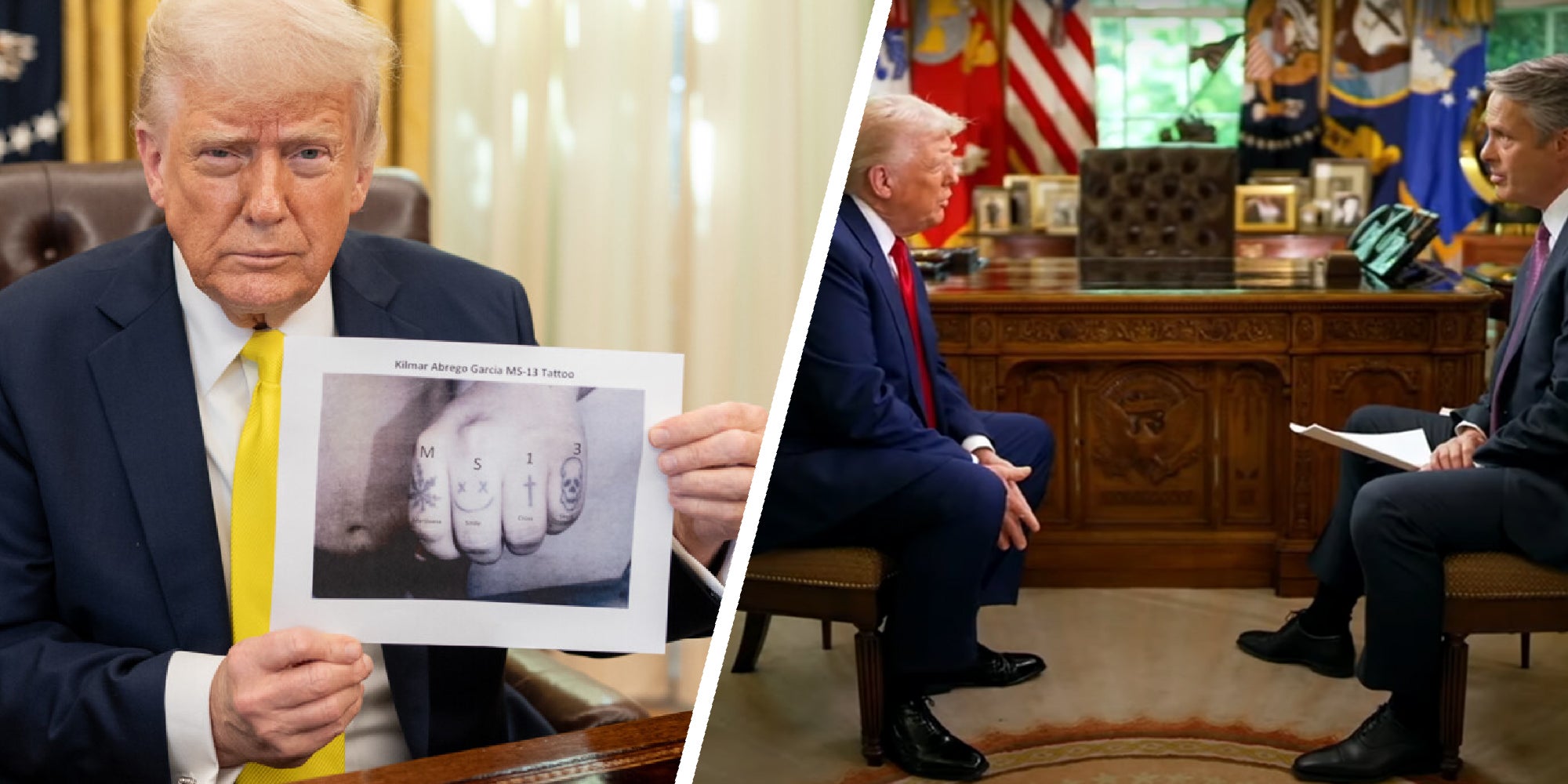 two panel image of Donald Trump holding up a photo in the oval office and being interviewed in the oval office on another occassion.
