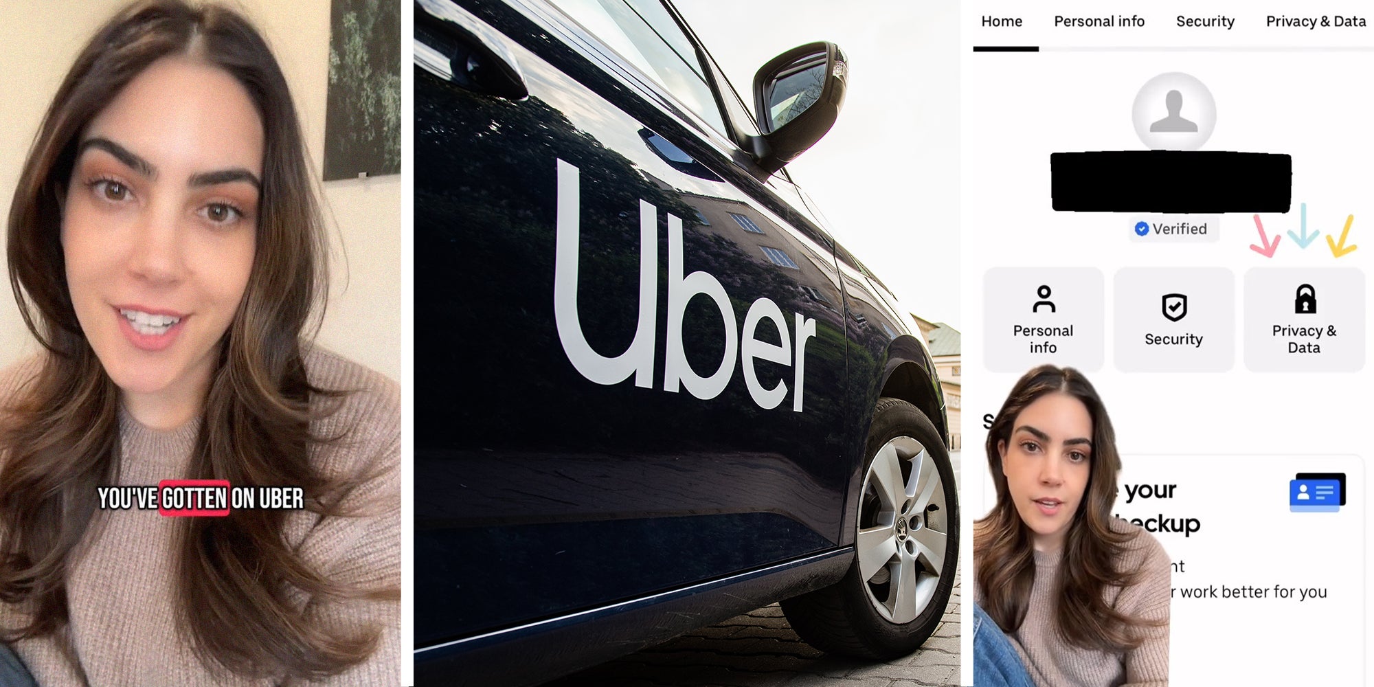 woman shares how to view your uber reviews(l) Uber Logo on Black Car(c) woman with background overlay of uber app(r)