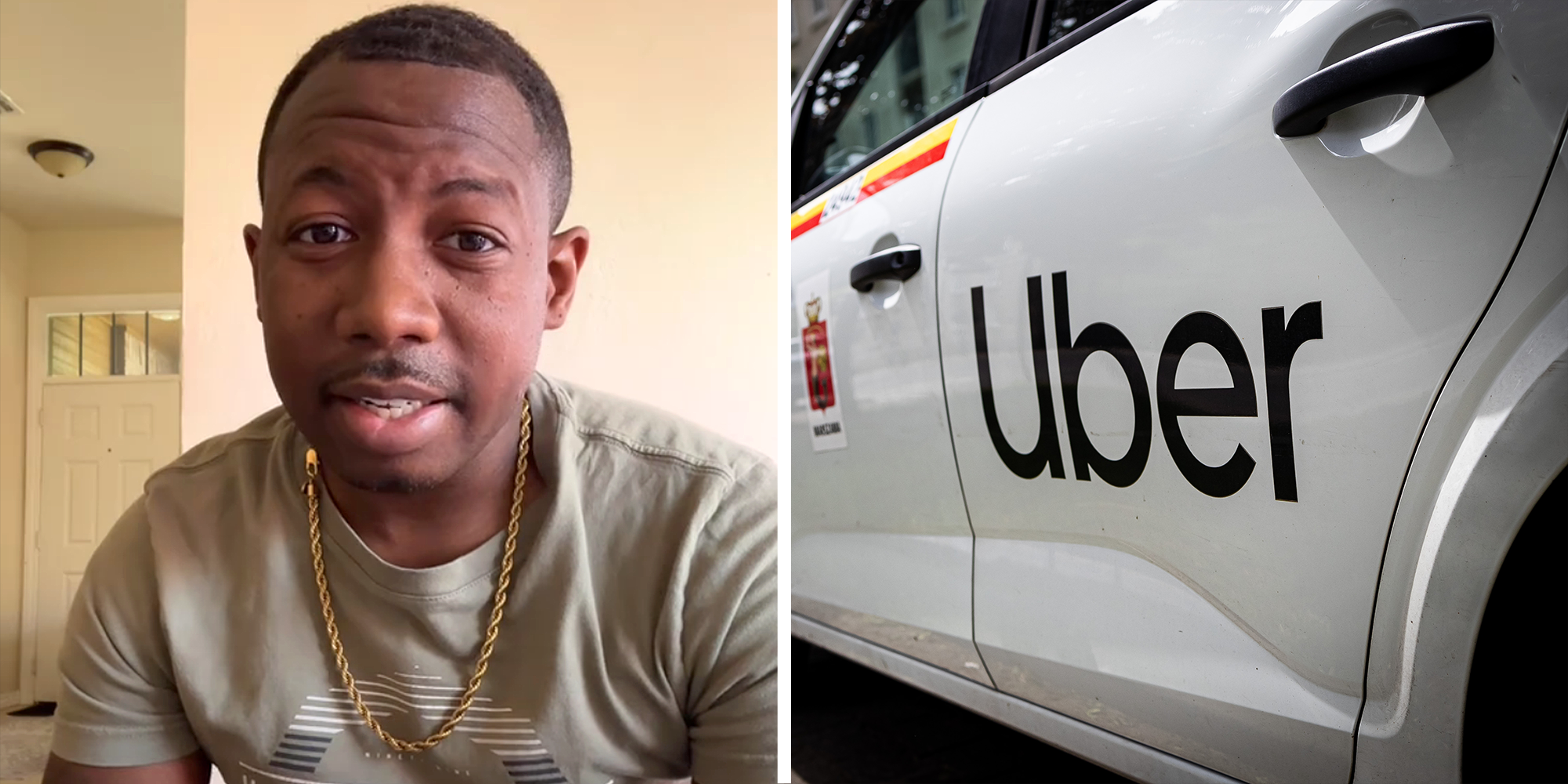 2 image split. Man on left. Uber logo on car on right.