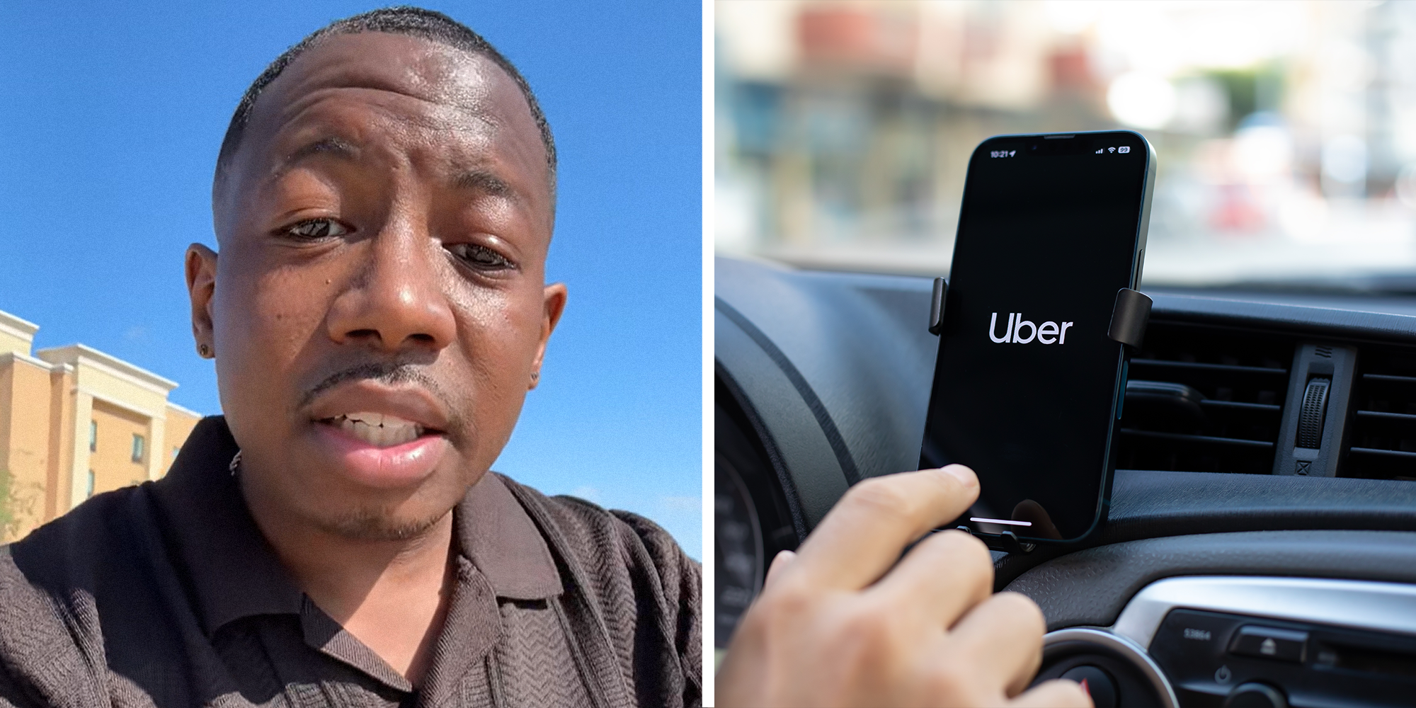 2 panel image. Man on left. Uber screen on phone in car on right.