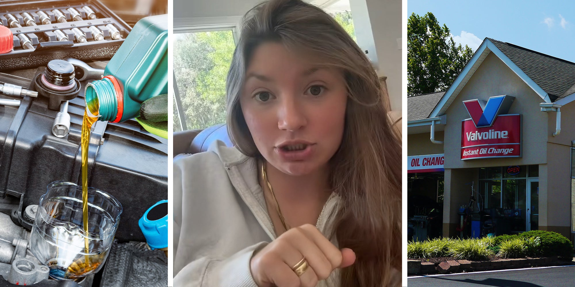 adding oil to engine with plastic container(l) Woman shares psa on valvoline oil(c) Valvoline building(r)