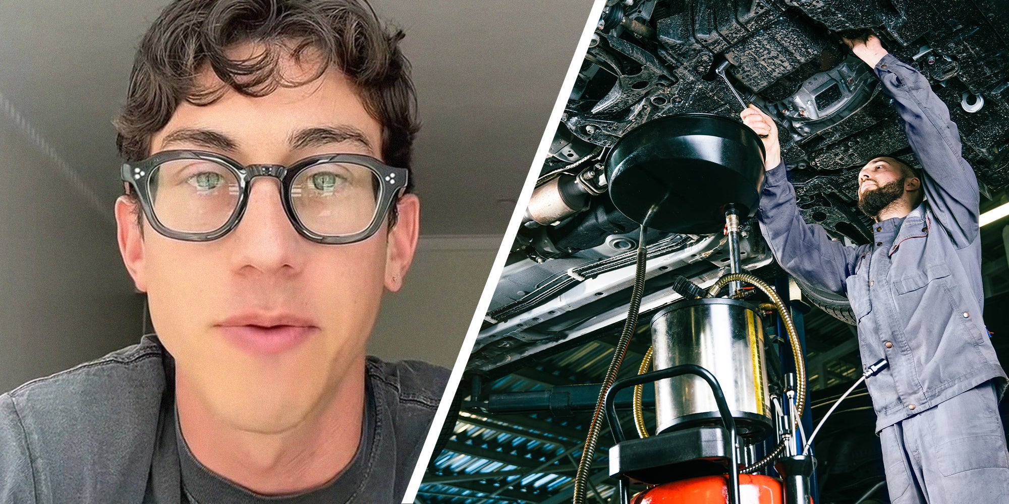 man shares what happened when he took his car for an oil change(l) Man changes oil in car(r)