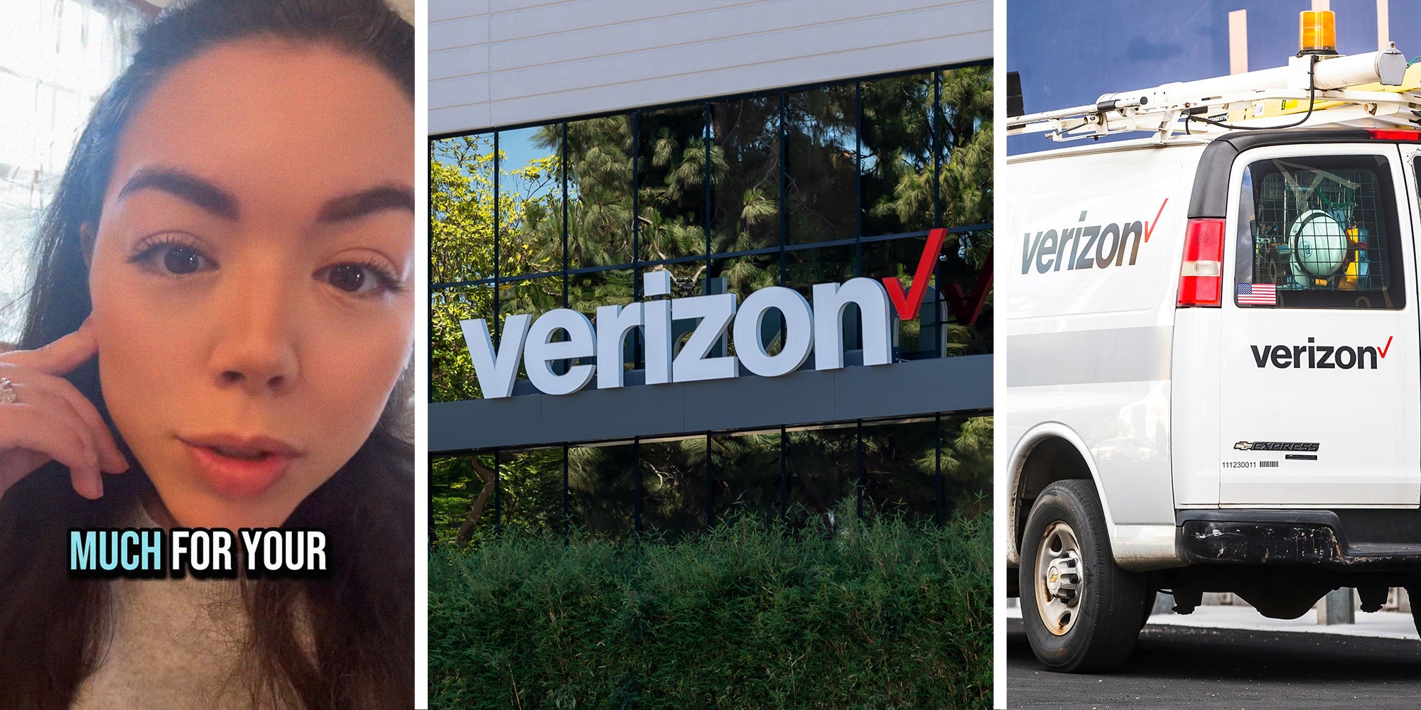 woman shares customer experience with Verizon Worker at her home(l) Verizon Outdoor Sign(c) Verizon branded work van(r)